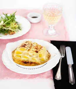 Leek terrine gratin and Roquefort sauce