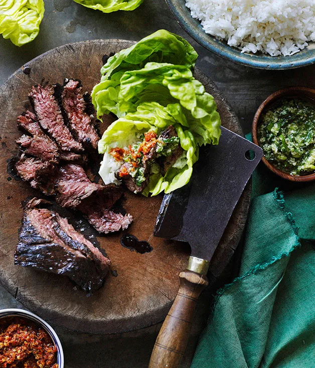 Korean-style barbecued skirt steak ssäm with ginger and spring onion sauce