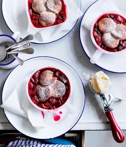 Rhubarb and raspberry cobbler with buttermilk ice-cream
