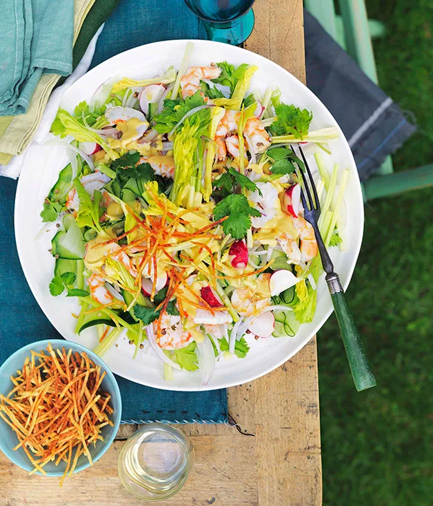 Prawn, celery heart and radish salad with boiled dressing