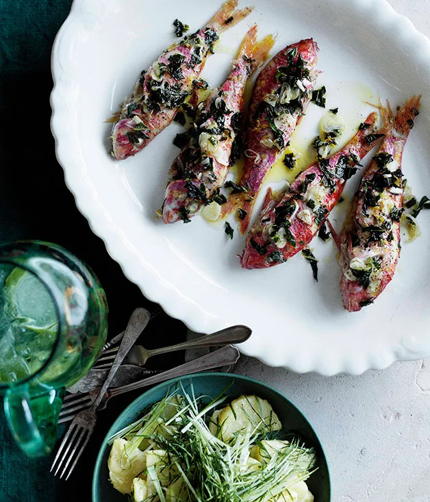 Red mullet baked with mint and lemon, with potato and mint salad