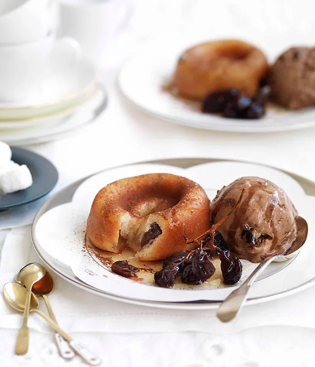 Raisin and Armagnac savarin with chocolate-raisin ice-cream