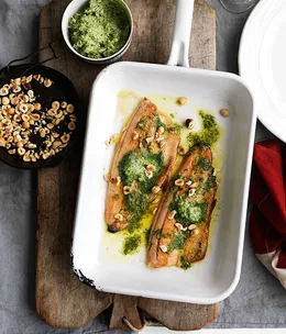 Pan-fried trout with sorrel butter and hazelnuts