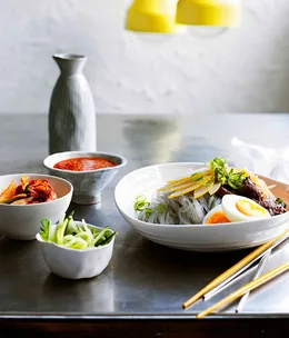 Korean buckwheat noodles with beef and nashi
