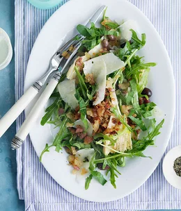 Rocket, parmesan and olive salad with pancetta crumbs