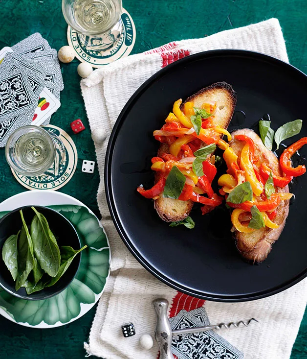 Peperonata e pane (roast peppers on day-old bread with basil)