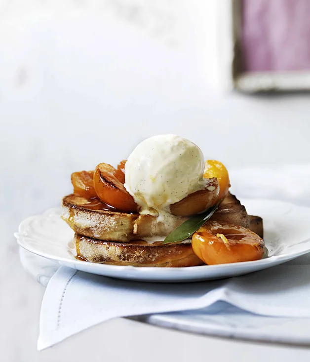 Verjuice apricots with brioche and vanilla ice-cream
