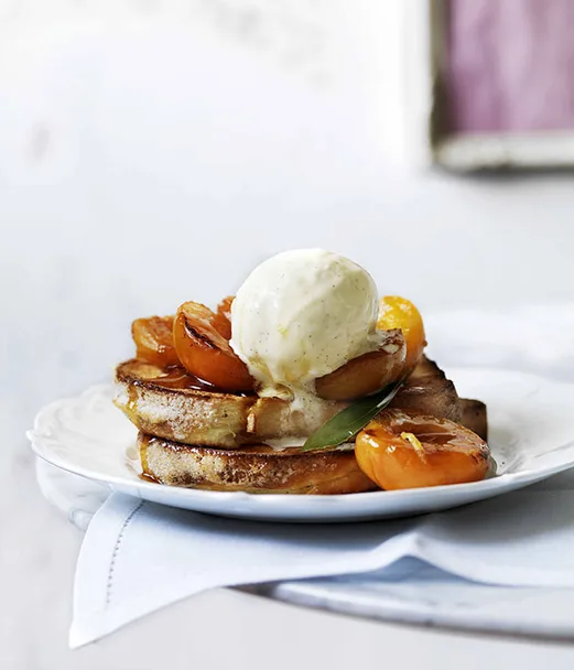 Verjuice apricots with brioche and vanilla ice-cream