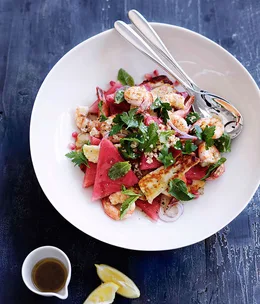 Prawn, haloumi and watermelon salad