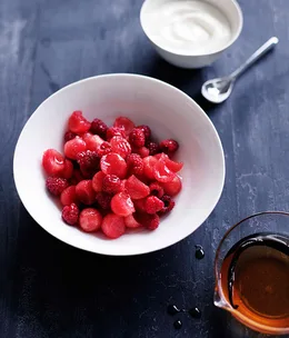 Watermelon and raspberry salad with honey yoghurt