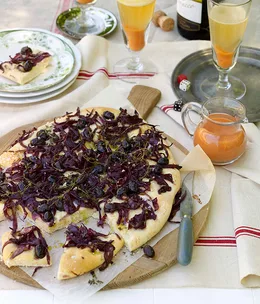 Red onion and olive focaccia