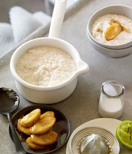 Tapioca porridge with brown sugar bananas
