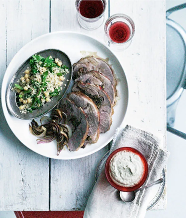 Roast rolled lamb with baba ghanoush and mint and parsley salad
