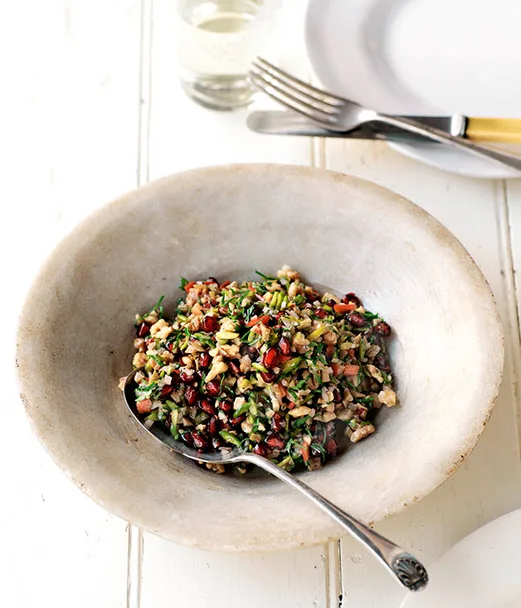 Green olive, walnut and pomegranate salad