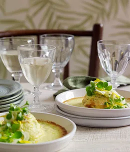 Twice-baked goat’s cheese soufflé with fennel and calendula salad