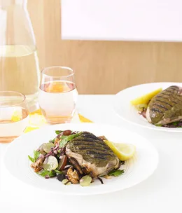Vine leaf-wrapped quail, grape and walnut salad