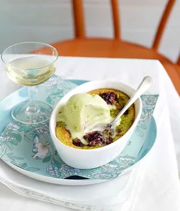 Blackberry and pistachio clafoutis with pistachio ice-cream