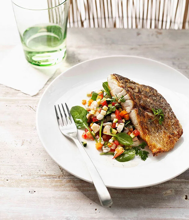 Crisp barramundi with prawn salsa and vanilla-infused dressing