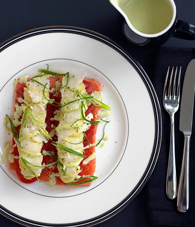Rare poached ocean trout with esqueixada, ox heart tomatoes, kipfler potatoes and green herb mayonnaise