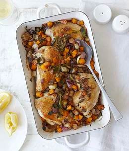 Roast chicken with autumn vegetables and rosemary