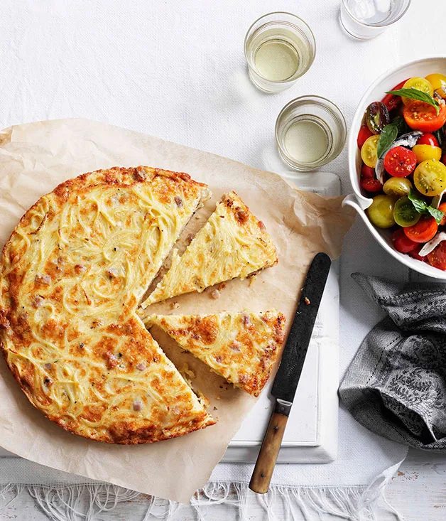 Triple-cheese pasta and pancetta frittata