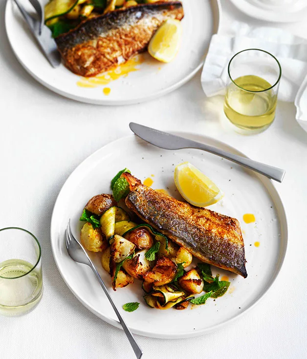 Harissa-grilled mackerel with potatoes, zucchini and mint