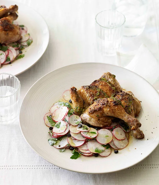 Roast spatchcocks with radish and currant salad