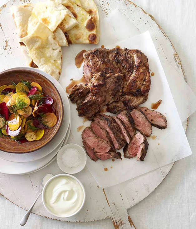 Butterflied lamb leg with patzaria salata