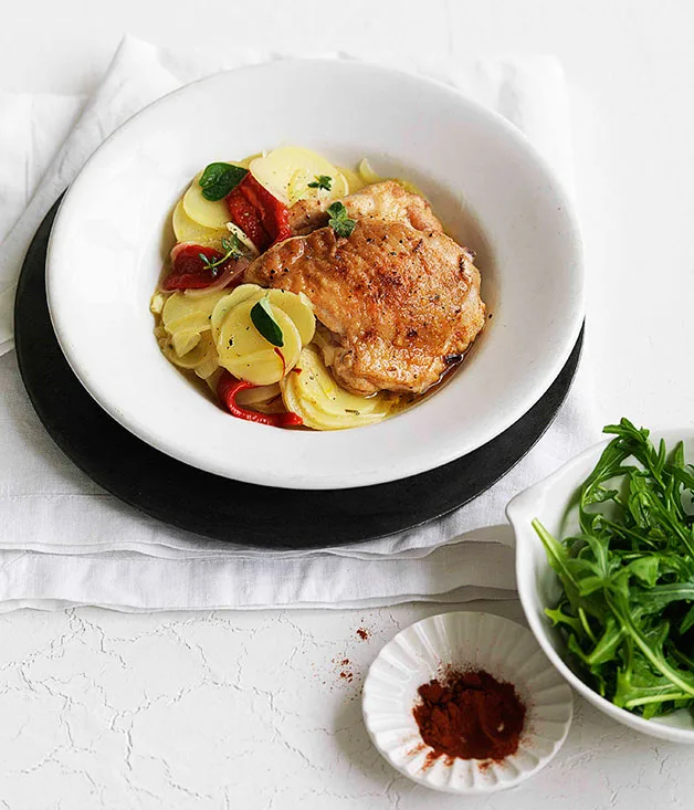 Roast paprika chicken with saffron potatoes and piquillo peppers