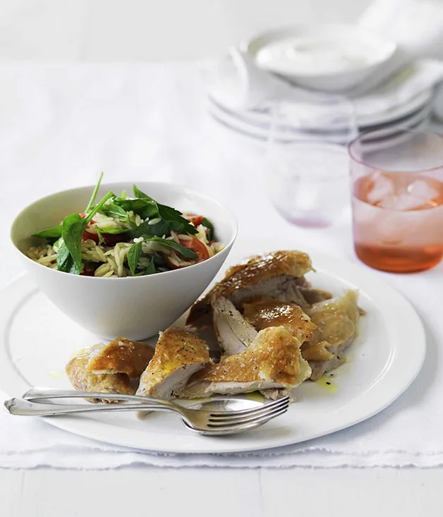 Roast chicken with risoni and herb salad