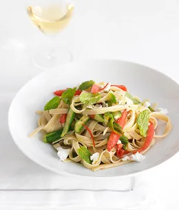 Fettuccine with zucchini flowers, chilli and feta