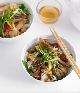 Chicken, lap cheong and snow pea stirfry