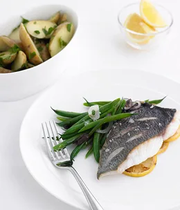 Roasted blue-eye trevalla with green bean and olive salad