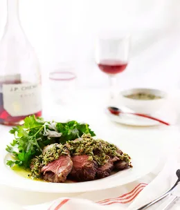 Barbecued leg of lamb with almond and mint sauce