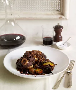 Pot-roasted venison with lentils, roast beetroot and shallots