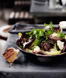 Confit duck salad with roast radish, shallot and horseradish mascarpone