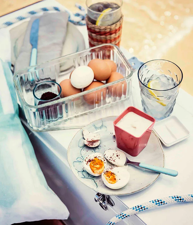 Boiled eggs with tahini-yoghurt and sumac