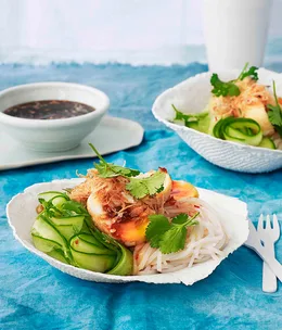Son-in-law eggs with cucumber, rice noodles and tamarind-chilli caramel