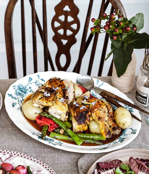 Roast corn-fed chook with rocket, radicchio and daikon salad