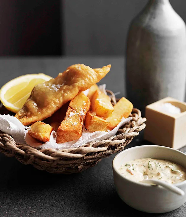 Beer-battered whiting, fat chips and chipotle coriander mayonnaise