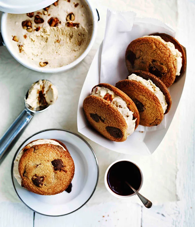 Choc-chip cookies with salted peanut semifreddo