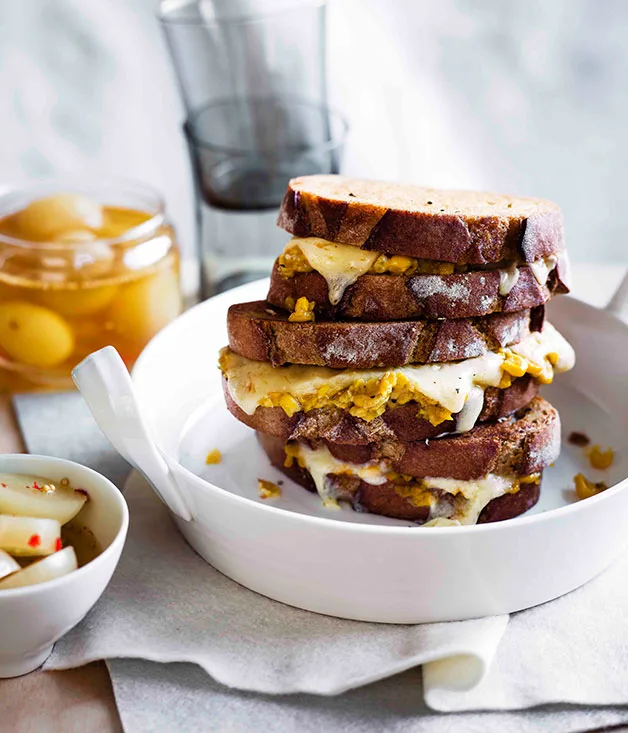 Creamed corn and cheddar toasties with pickled onions