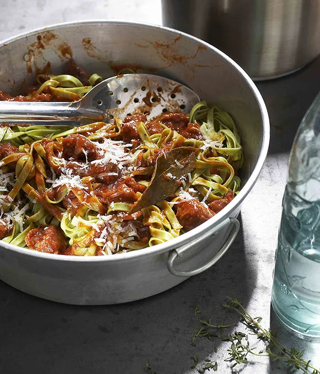 Stinging nettle tagliatelle with braised goat and thyme sauce