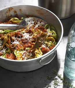 Stinging nettle tagliatelle with braised goat and thyme sauce