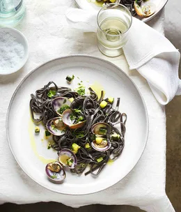 Squid-ink bavette with clams and zucchini
