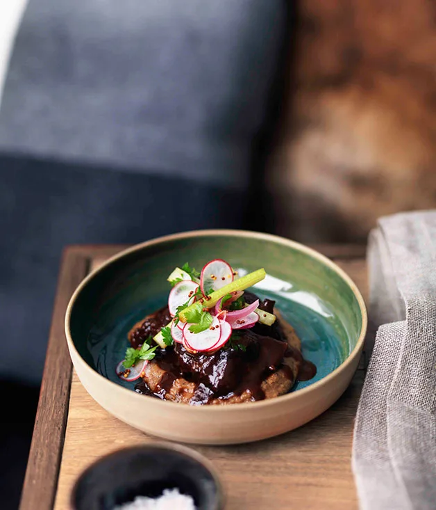 Beef cheeks with radish, mustard seed and pickled celery salad