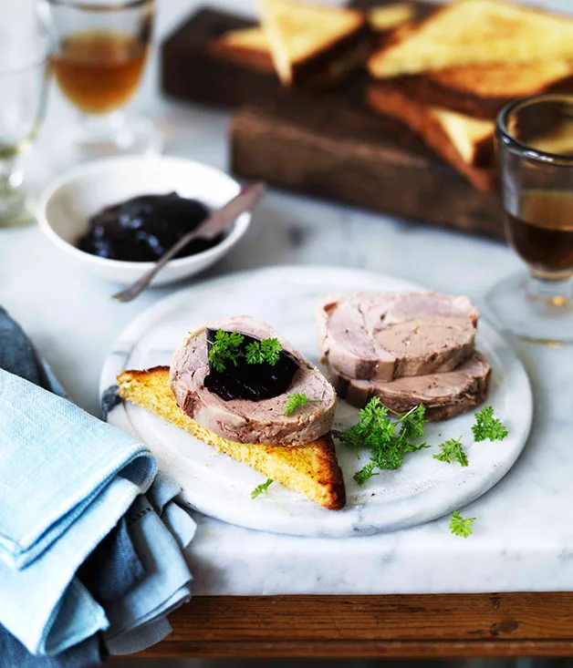 Duck galantine with foie gras and beetroot jelly