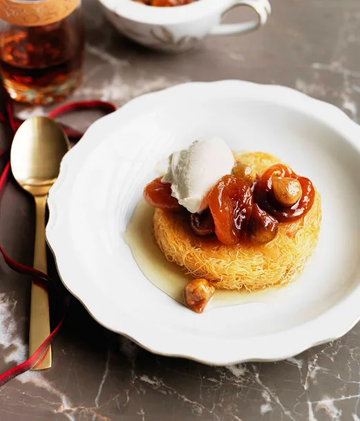 Semolina custard in kataifi with wild figs and Turkish apricots