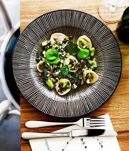Veal tortellini with broad beans and cornichons