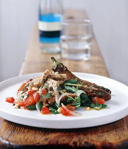 Salad of poached tuna, feta stuffed eggplant and beans